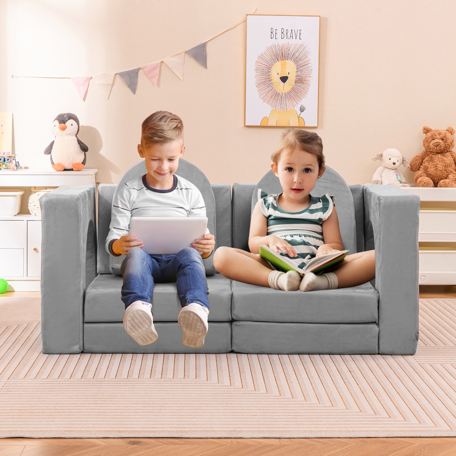 Gymax 8 PCS Modular Kids Play Couch Sofa w/ Suede Fabric Cover High-Density Foam Grey