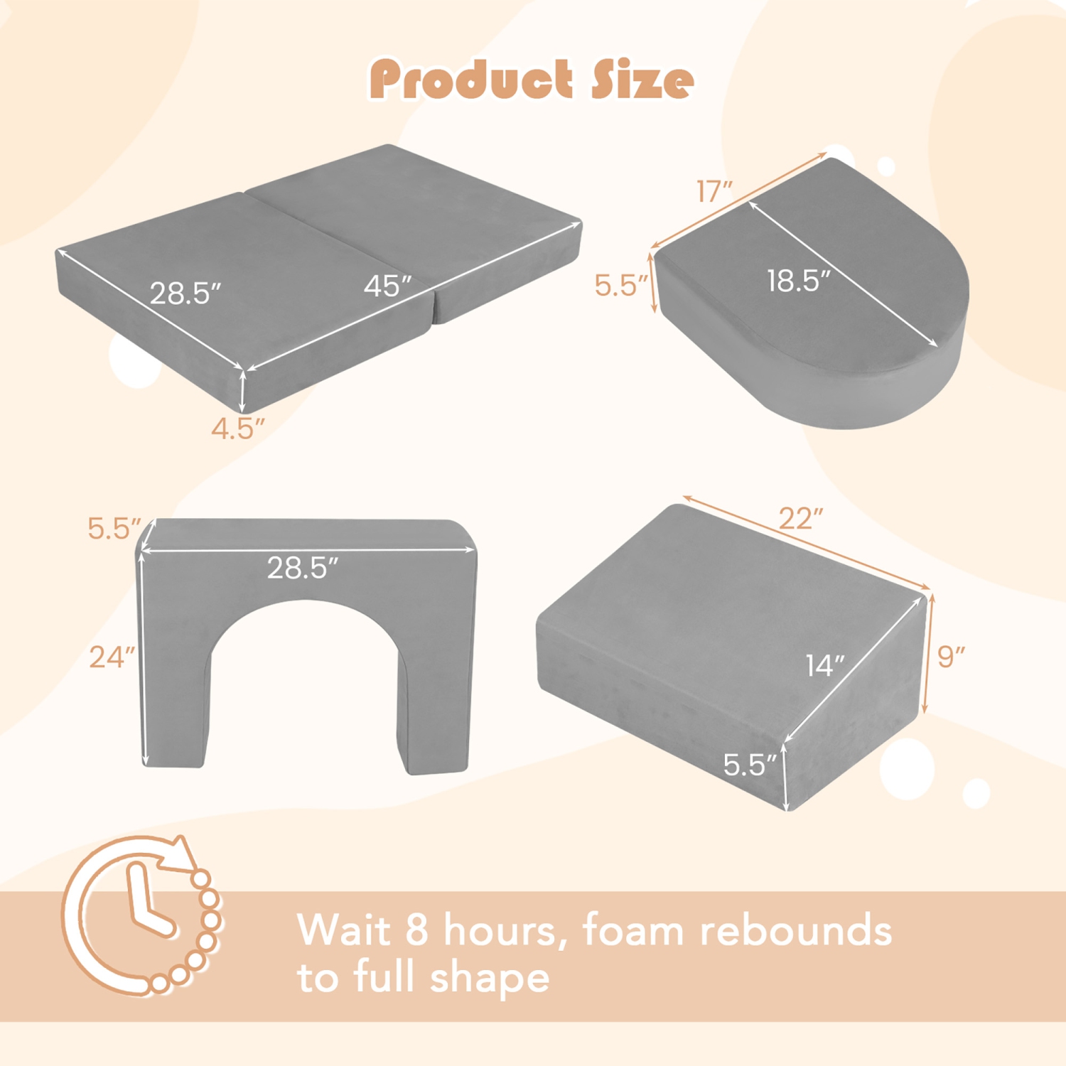 Gymax 8 PCS Modular Kids Play Couch Sofa w/ Suede Fabric Cover High-Density Foam Grey