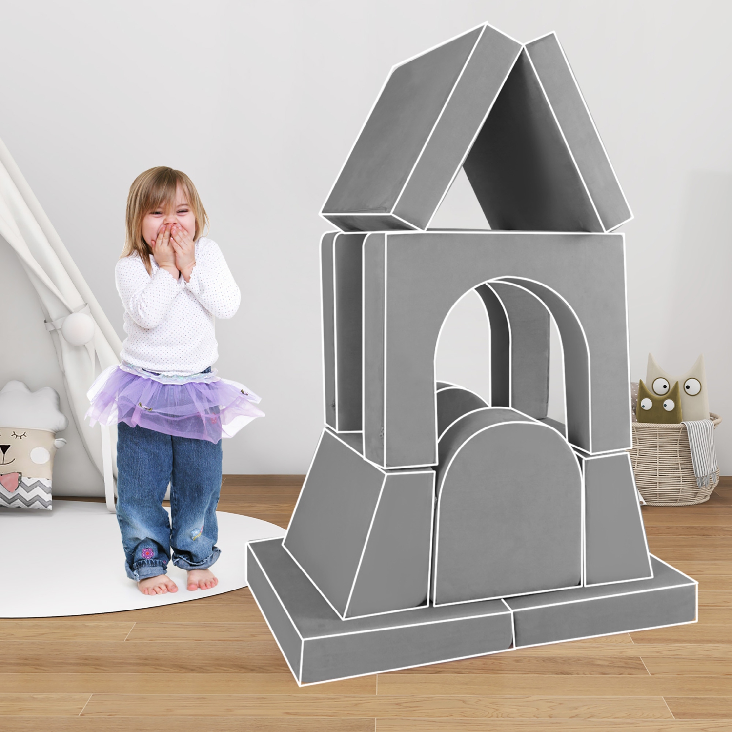 Gymax 8 PCS Modular Kids Play Couch Sofa w/ Suede Fabric Cover High-Density Foam Grey