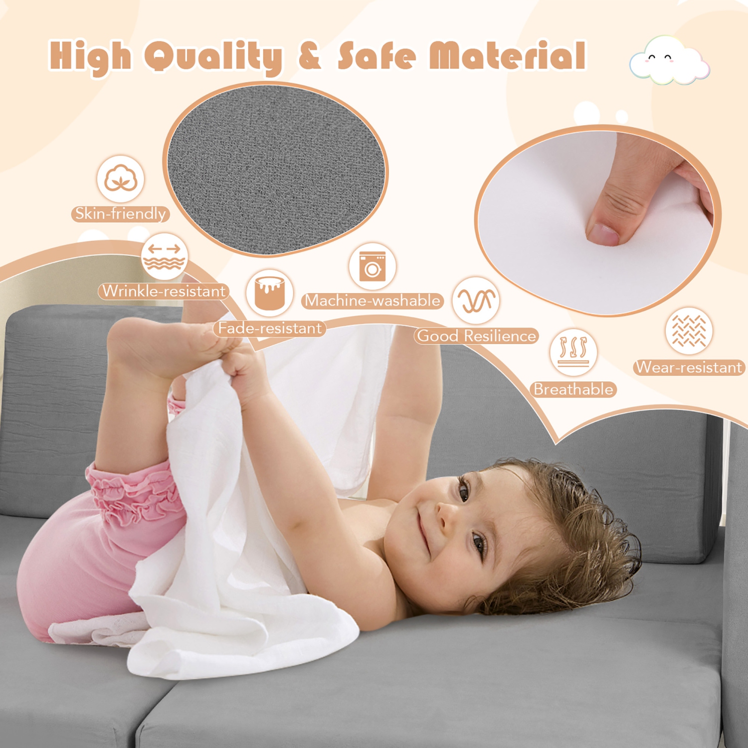 Gymax 8 PCS Modular Kids Play Couch Sofa w/ Suede Fabric Cover High-Density Foam Grey