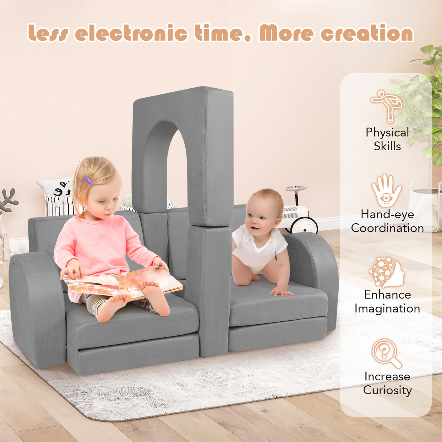 Gymax 8 PCS Modular Kids Play Couch Sofa w/ Suede Fabric Cover High-Density Foam Grey