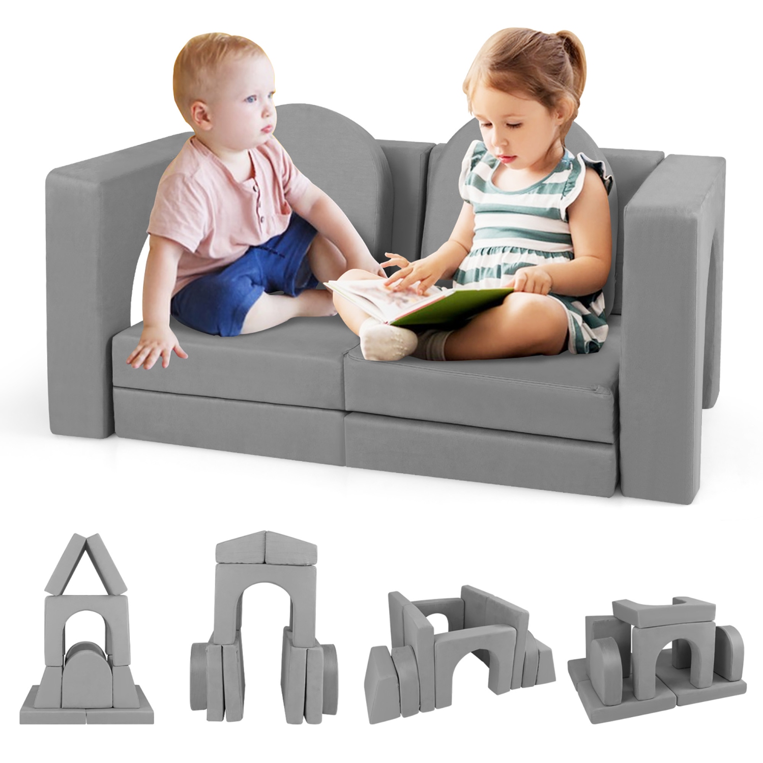 Gymax 8 PCS Modular Kids Play Couch Sofa w/ Suede Fabric Cover High-Density Foam Grey