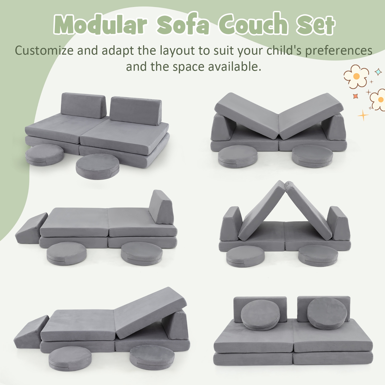 Gymax 6PCS Modular Kids Foam Play Couch Set w/Washable Covers Sectional Play Sofa