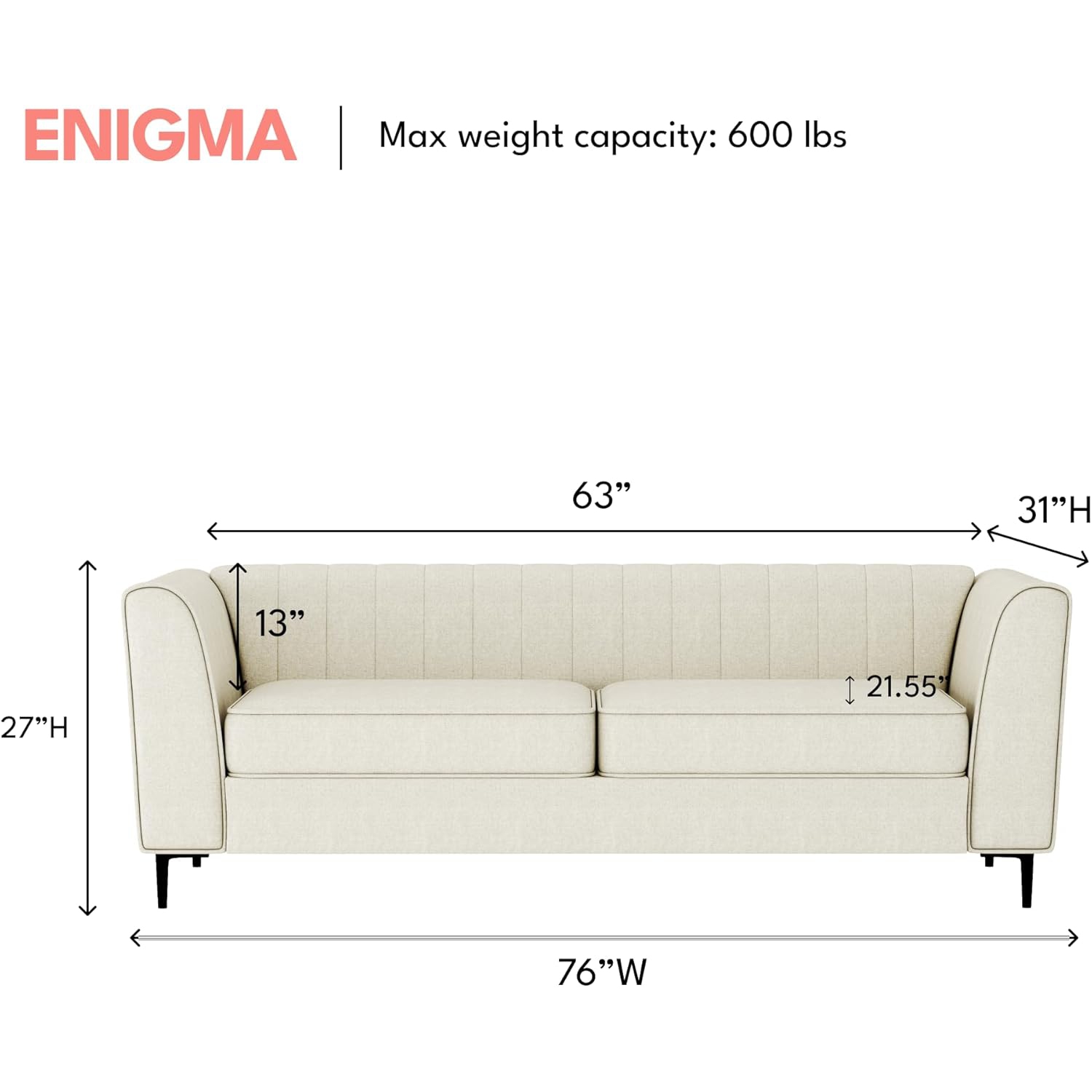 Aykah Enigma 3 Seater Sofa, Modern Upholstered Comfortable Sofa 76" with Channel Tufting, Armrest, Metal Legs, Perfect for Living Room Furniture or