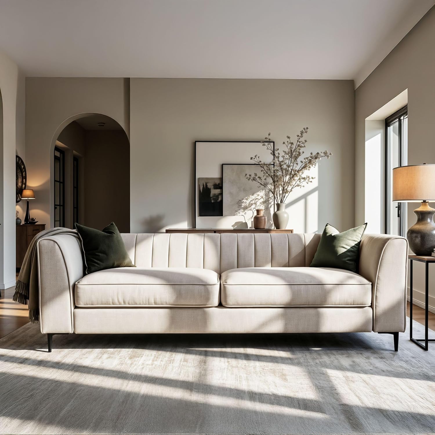 Aykah Enigma 3 Seater Sofa, Modern Upholstered Comfortable Sofa 76" with Channel Tufting, Armrest, Metal Legs, Perfect for Living Room Furniture or