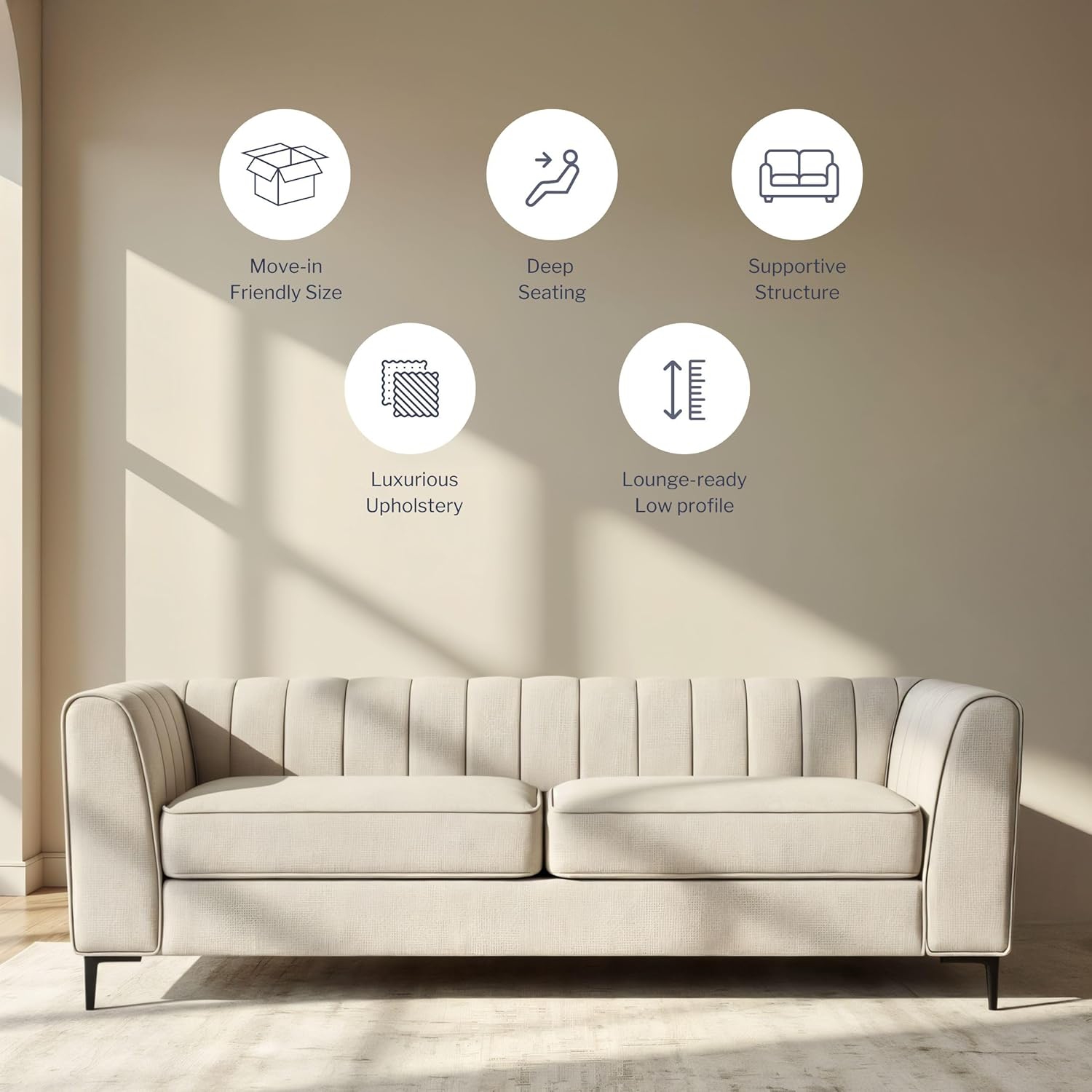 Aykah Enigma 3 Seater Sofa, Modern Upholstered Comfortable Sofa 76" with Channel Tufting, Armrest, Metal Legs, Perfect for Living Room Furniture or