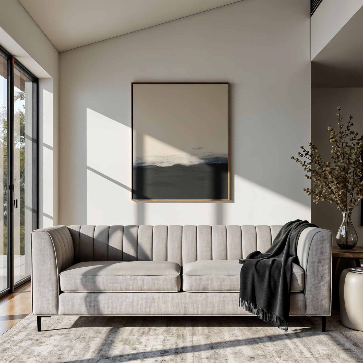 Aykah Enigma 3 Seater Sofa, Modern Upholstered Comfortable Sofa 76 Inch with Channel Tufting, Armrest, Metal Legs, Perfect for Living Room Furniture