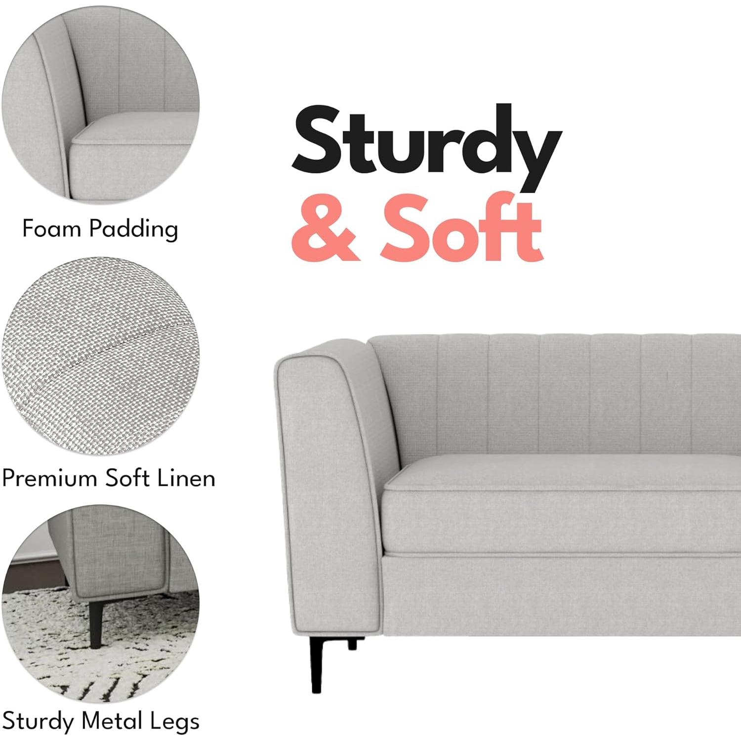 Aykah Enigma 3 Seater Sofa, Modern Upholstered Comfortable Sofa 76 Inch with Channel Tufting, Armrest, Metal Legs, Perfect for Living Room Furniture