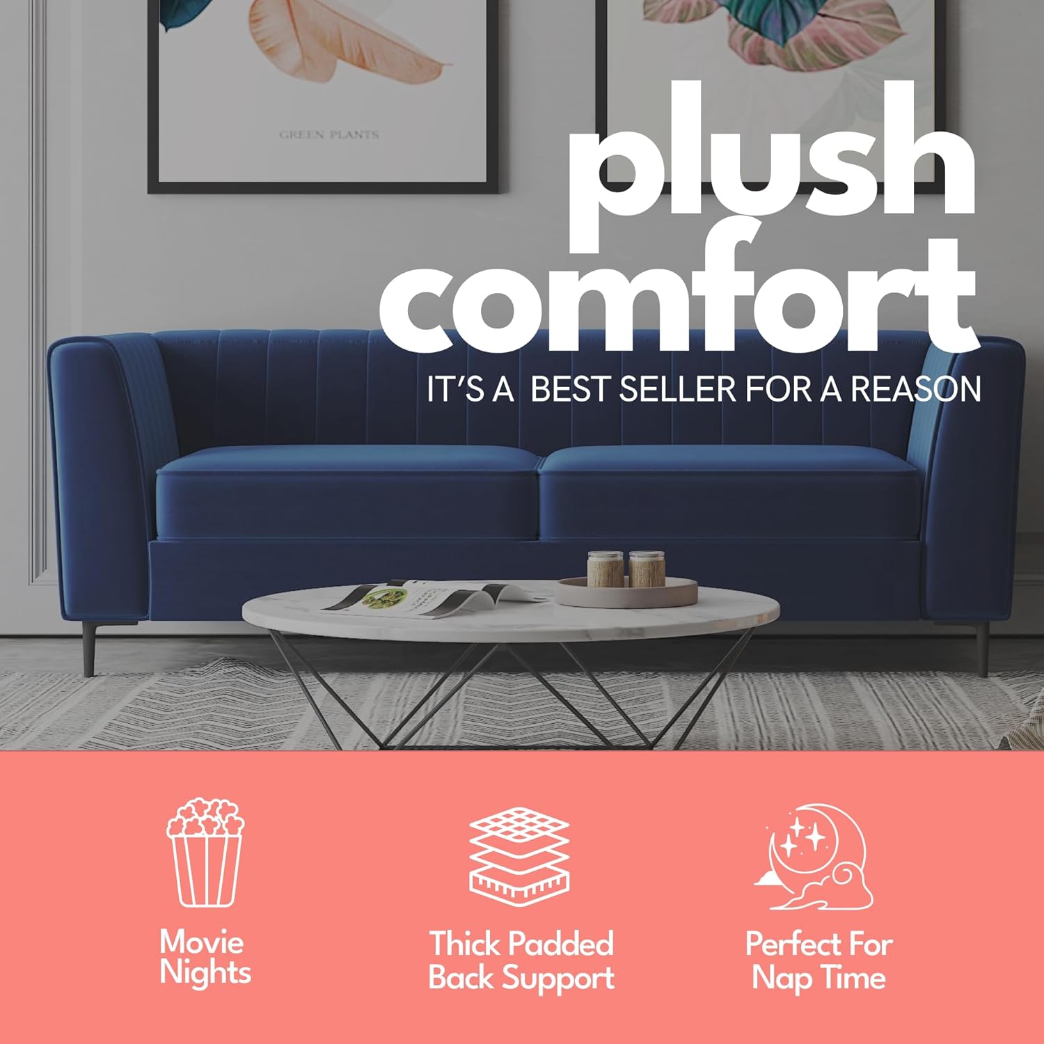 Aykah Velvet Enigma 3 Seater Sofa, Modern Upholstered Comfortable Sofa 76" with Channel Tufting, Armrest, Metal Legs, Perfect for Living Room