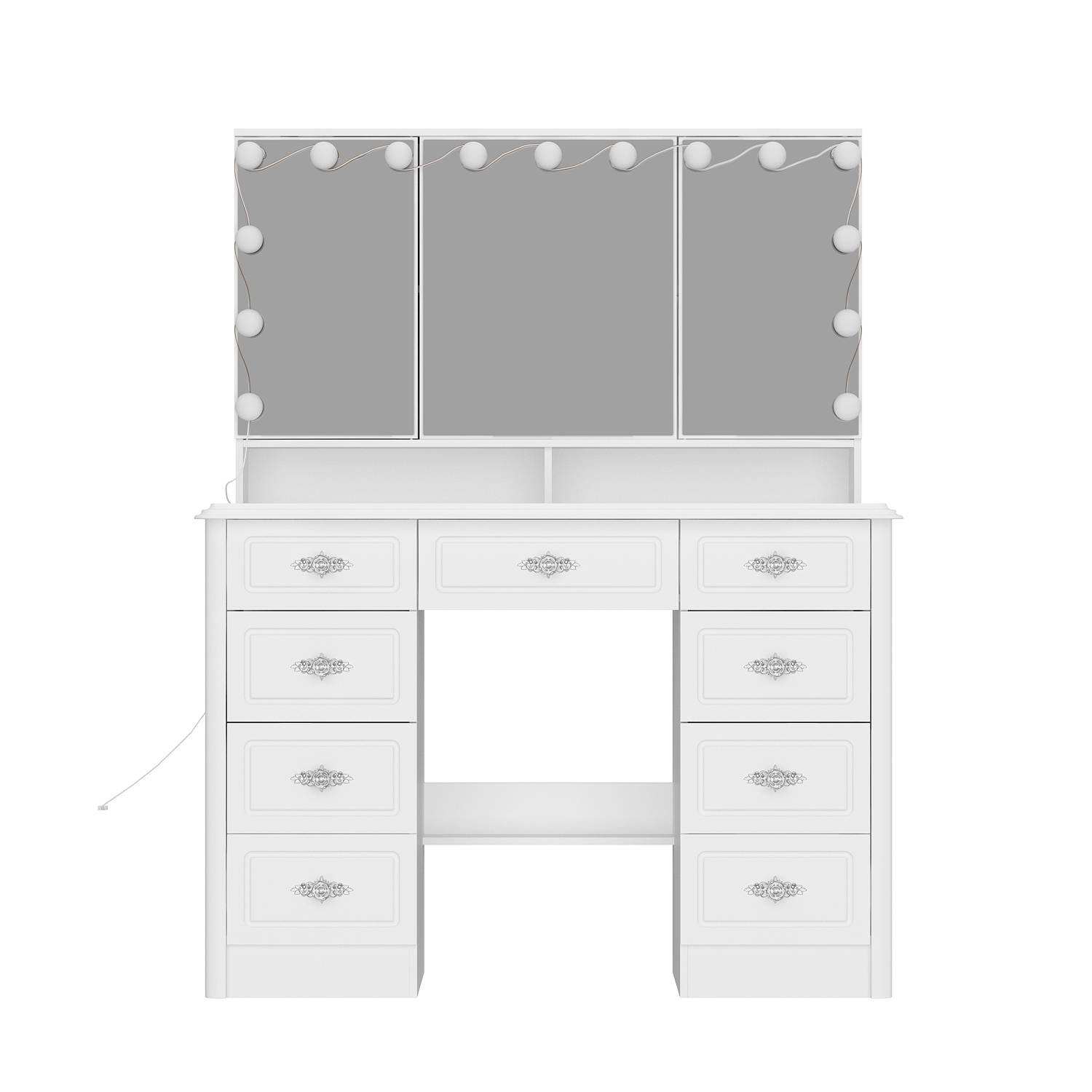 Meuble-lavabo Homsee avec miroir LED, 9 tiroirs et tablettes de rangement, bureau de maquillage éclairé trois couleurs pour chambre, blanc