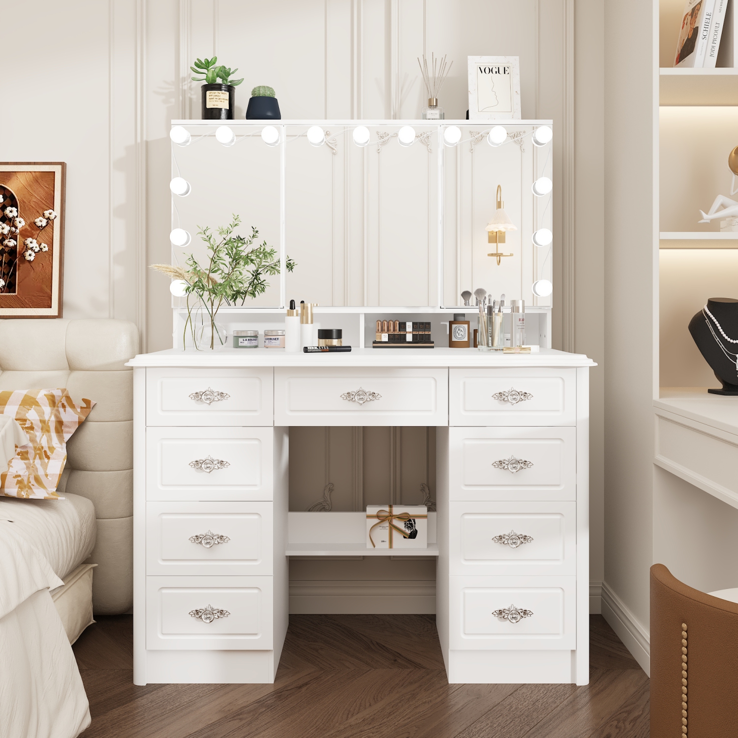 Meuble-lavabo Homsee avec miroir LED, 9 tiroirs et tablettes de rangement, bureau de maquillage éclairé trois couleurs pour chambre, blanc