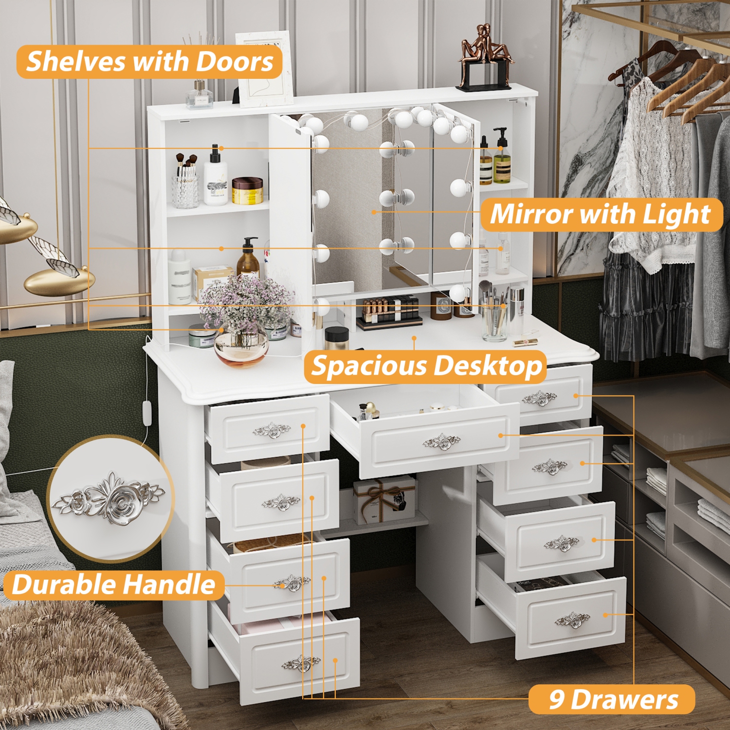 Meuble-lavabo Homsee avec miroir LED, 9 tiroirs et tablettes de rangement, bureau de maquillage éclairé trois couleurs pour chambre, blanc