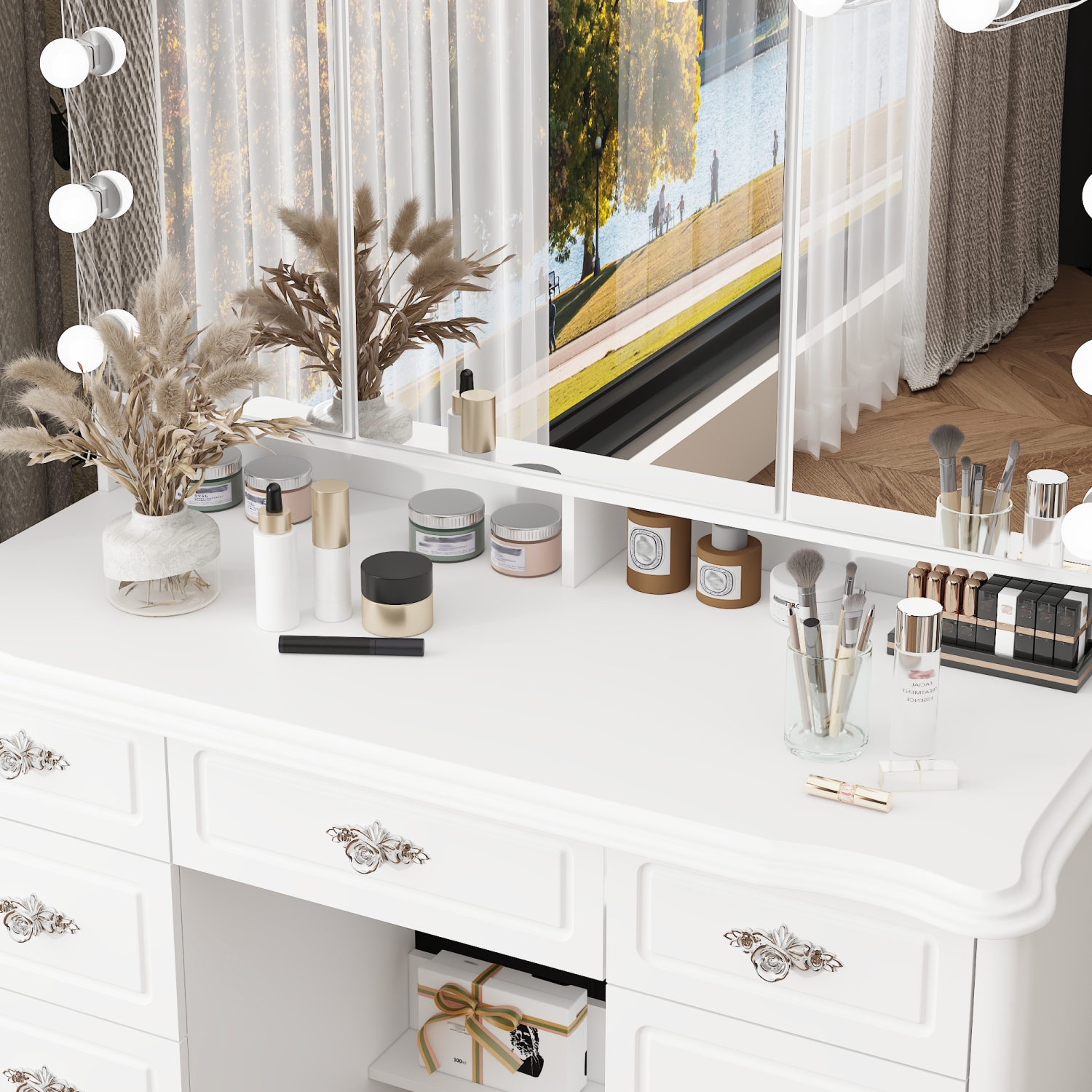 Meuble-lavabo Homsee avec miroir LED, 9 tiroirs et tablettes de rangement, bureau de maquillage éclairé trois couleurs pour chambre, blanc