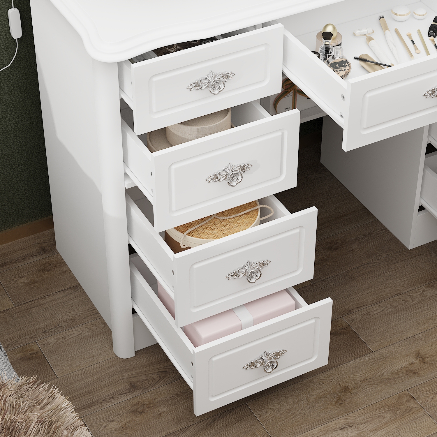 Meuble-lavabo Homsee avec miroir LED, 9 tiroirs et tablettes de rangement, bureau de maquillage éclairé trois couleurs pour chambre, blanc