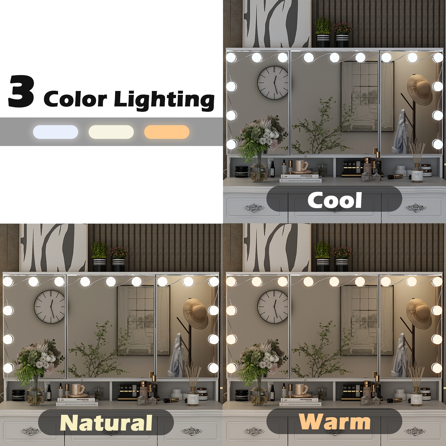 Meuble-lavabo Homsee avec miroir LED, 9 tiroirs et tablettes de rangement, bureau de maquillage éclairé trois couleurs pour chambre, blanc