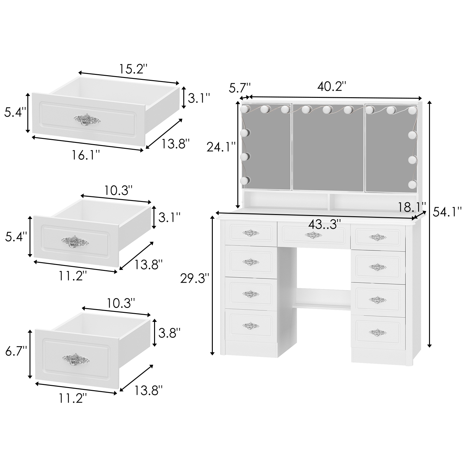 Meuble-lavabo Homsee avec miroir LED, 9 tiroirs et tablettes de rangement, bureau de maquillage éclairé trois couleurs pour chambre, blanc