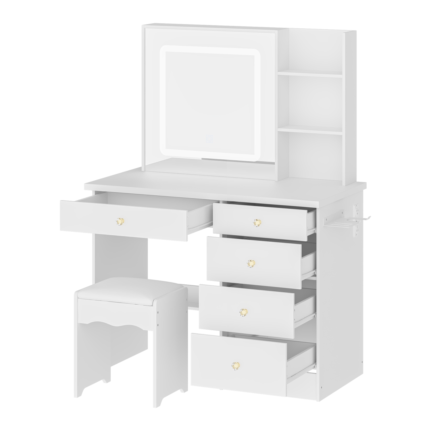 Homsee – Coiffeuse avec miroir LED, tiroirs de rangement et prises d'alimentation intégrées, bureau de maquillage avec tabouret, blanc