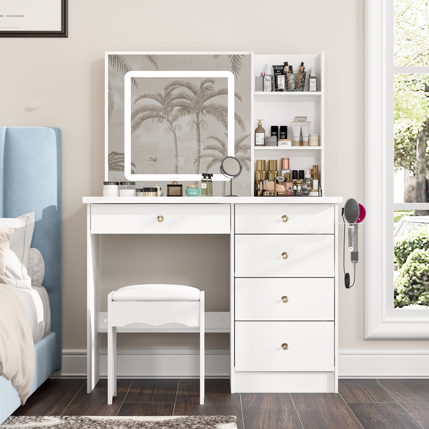 Homsee – Coiffeuse avec miroir LED, tiroirs de rangement et prises d'alimentation intégrées, bureau de maquillage avec tabouret, blanc