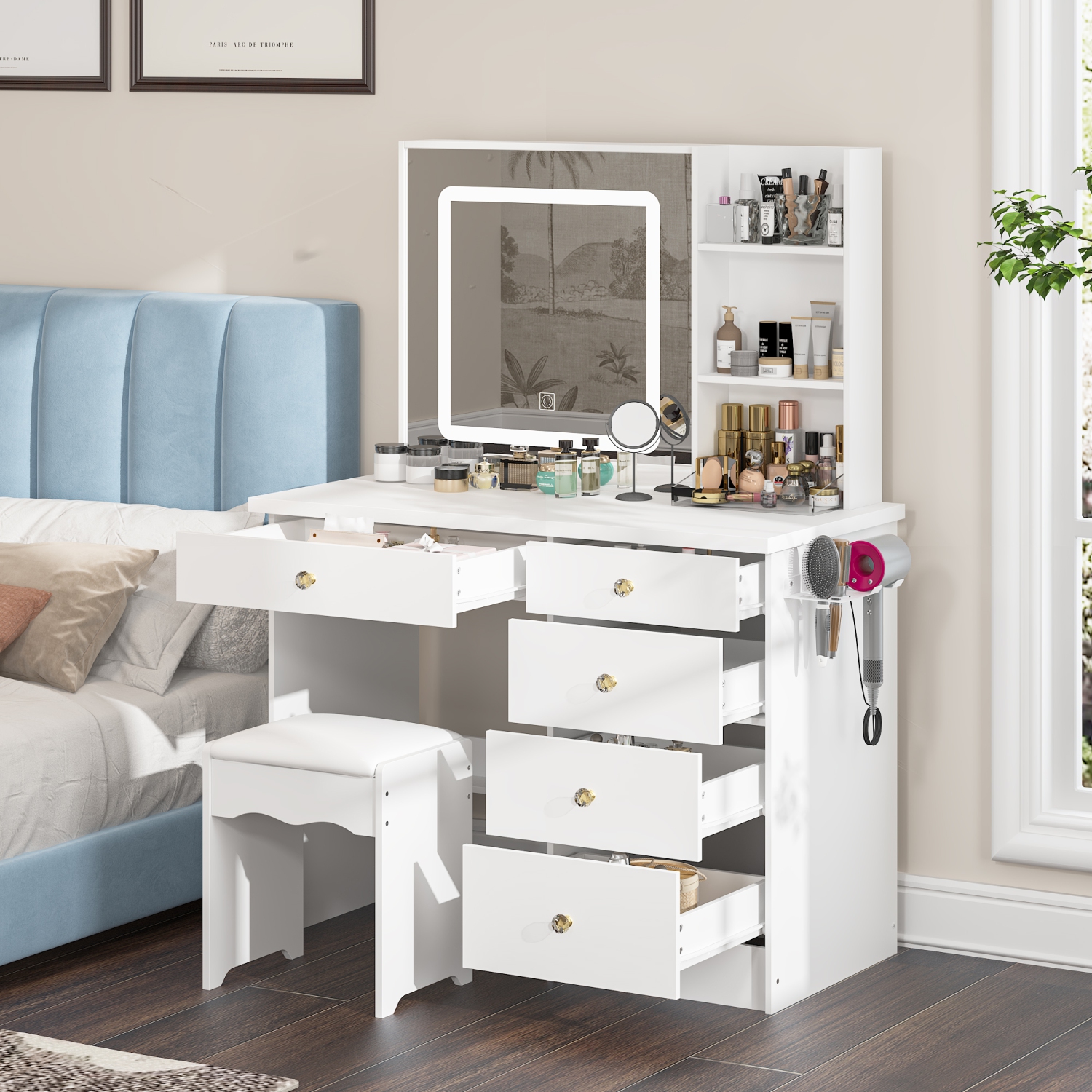 Homsee – Coiffeuse avec miroir LED, tiroirs de rangement et prises d'alimentation intégrées, bureau de maquillage avec tabouret, blanc
