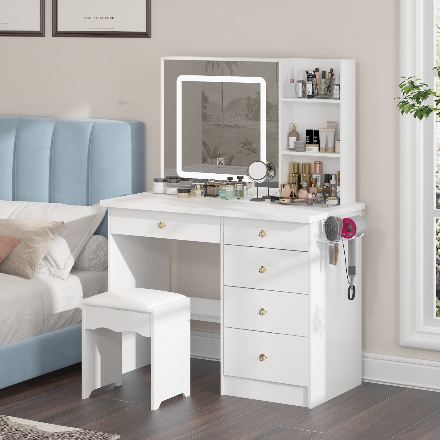 Homsee – Coiffeuse avec miroir LED, tiroirs de rangement et prises d'alimentation intégrées, bureau de maquillage avec tabouret, blanc