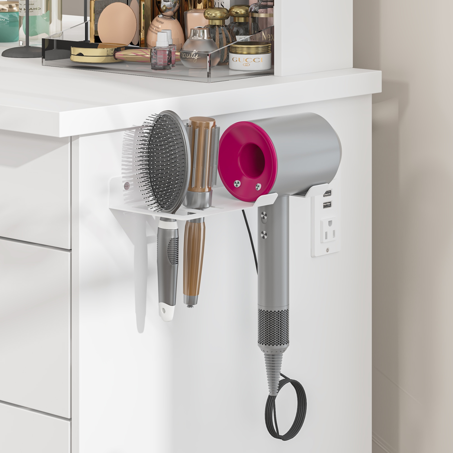 Homsee – Coiffeuse avec miroir LED, tiroirs de rangement et prises d'alimentation intégrées, bureau de maquillage avec tabouret, blanc