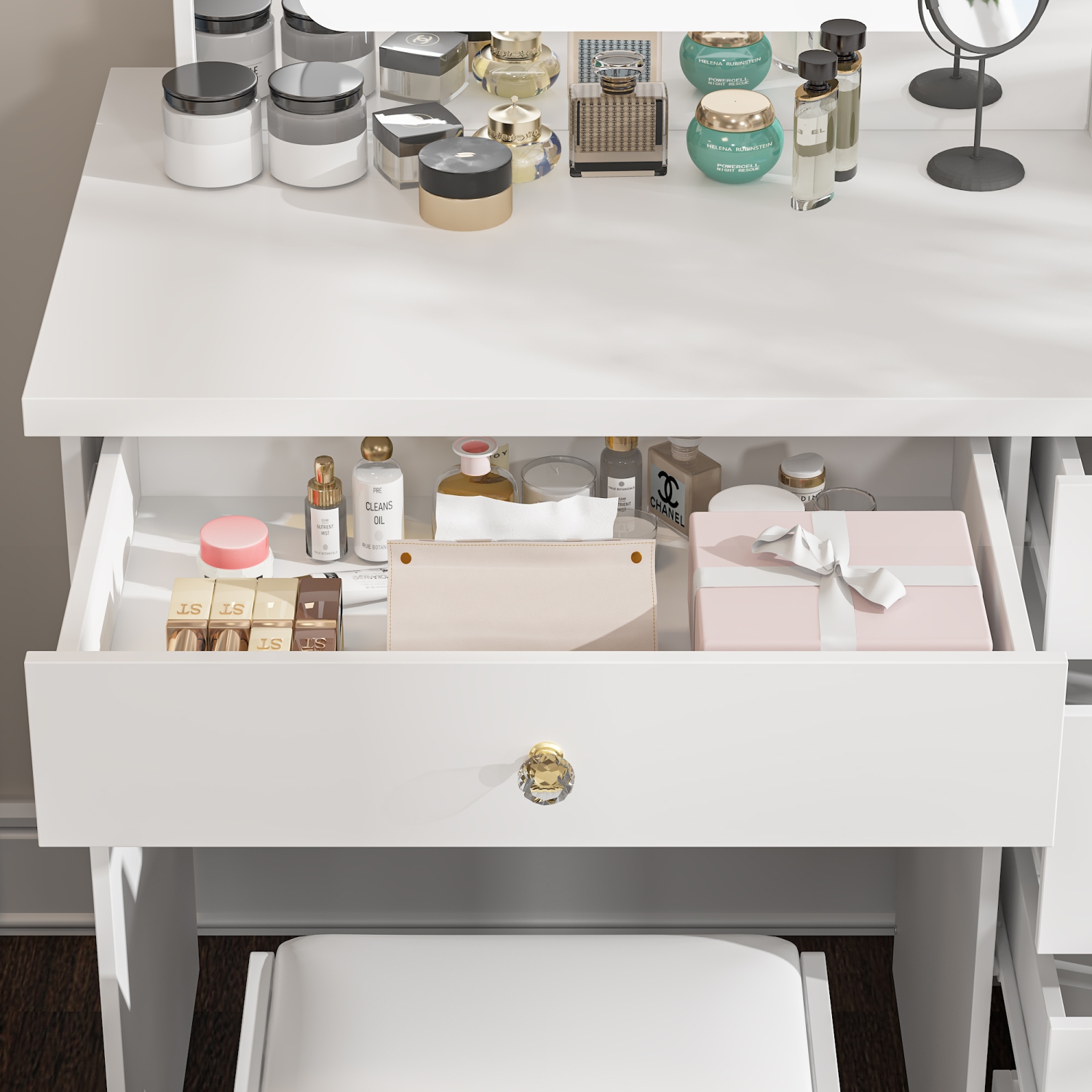 Homsee – Coiffeuse avec miroir LED, tiroirs de rangement et prises d'alimentation intégrées, bureau de maquillage avec tabouret, blanc