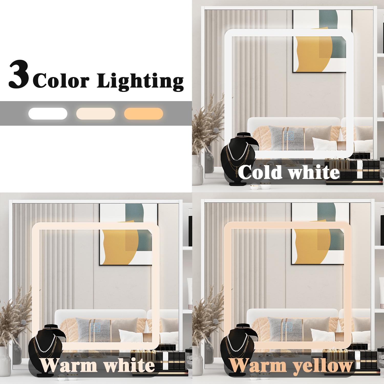 Homsee – Coiffeuse avec miroir LED, tiroirs de rangement et prises d'alimentation intégrées, bureau de maquillage avec tabouret, blanc