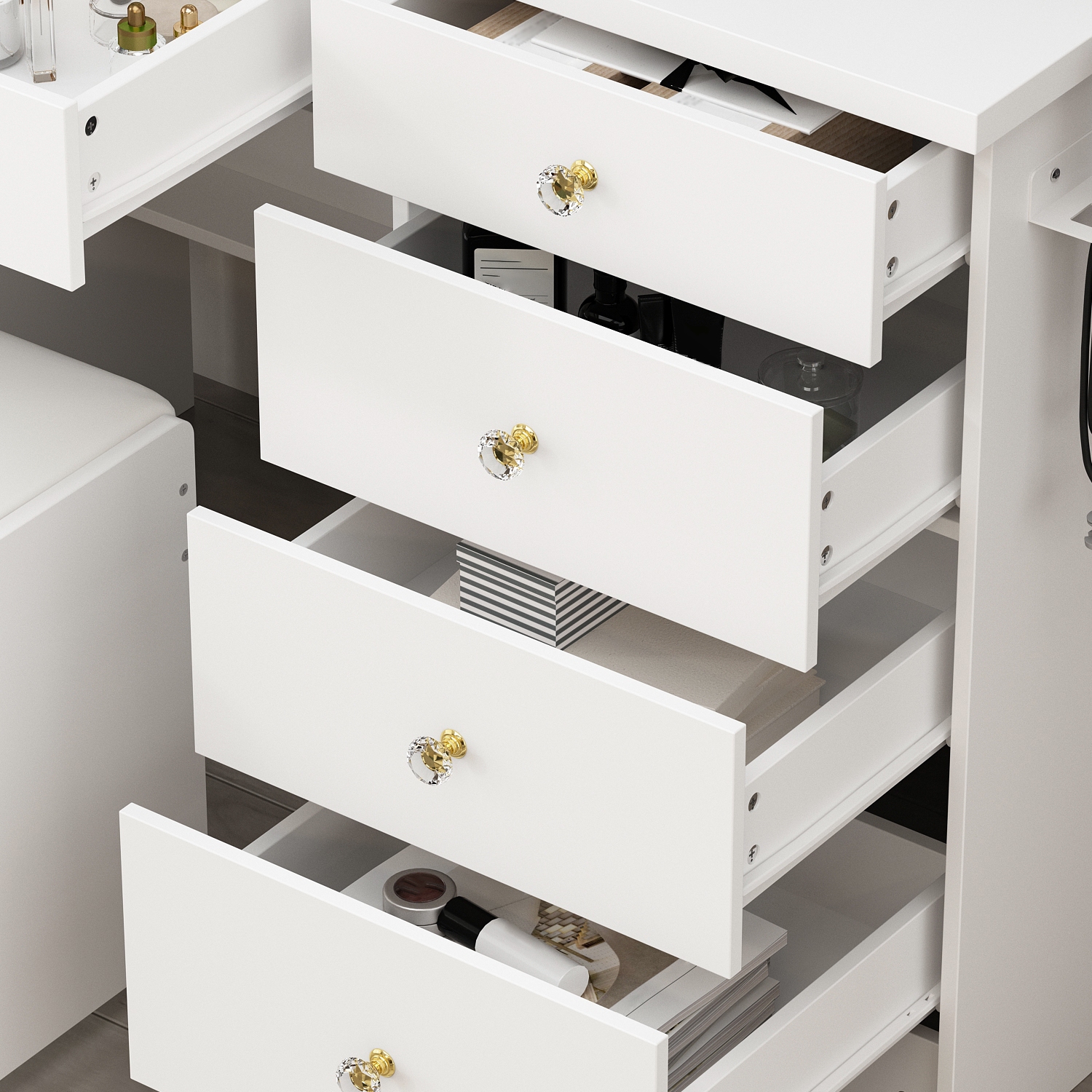 Homsee – Coiffeuse avec miroir LED, tiroirs de rangement et prises d'alimentation intégrées, bureau de maquillage avec tabouret, blanc