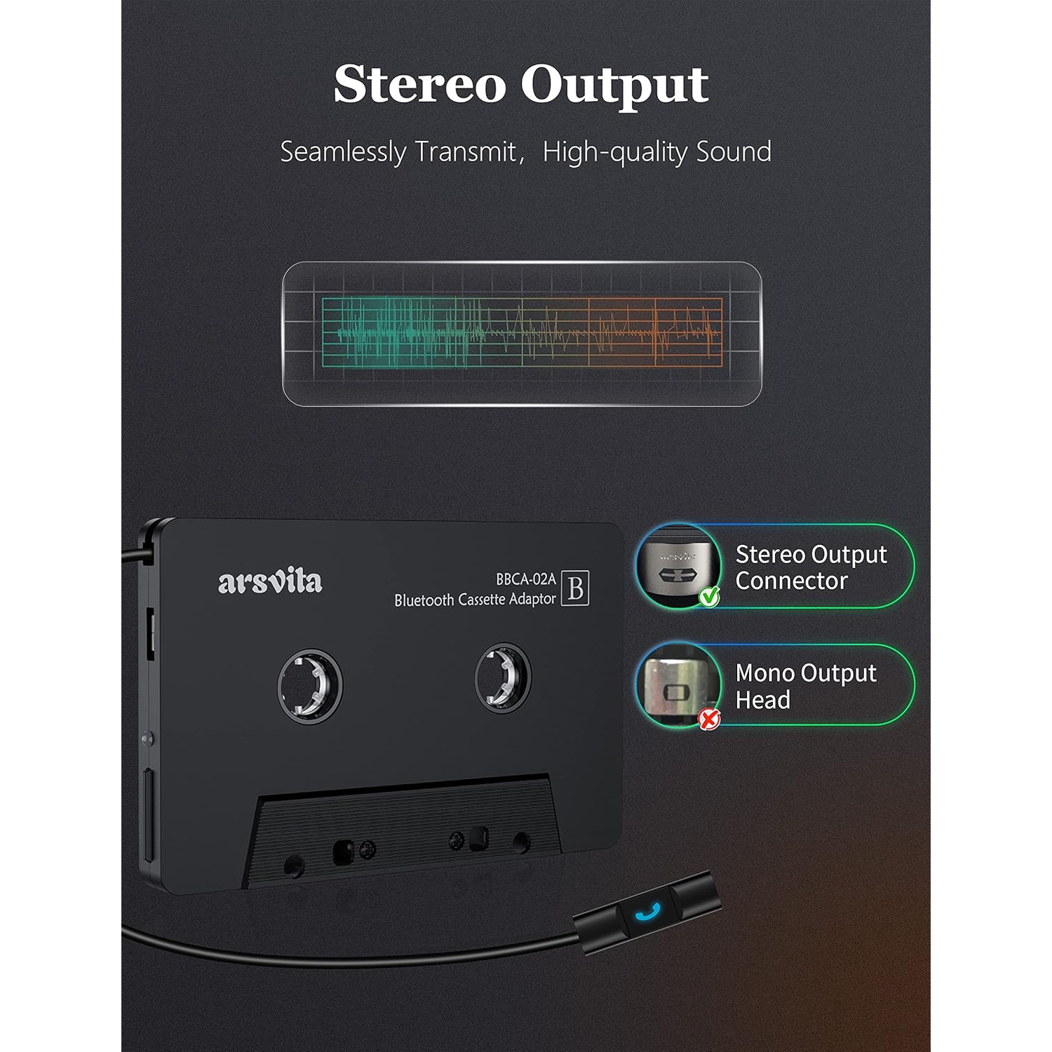 Arsvita - Adaptateur cassette Bluetooth 5,0 vers auxiliaire pour l'auto, adaptateur audio cassette, appels mains libres