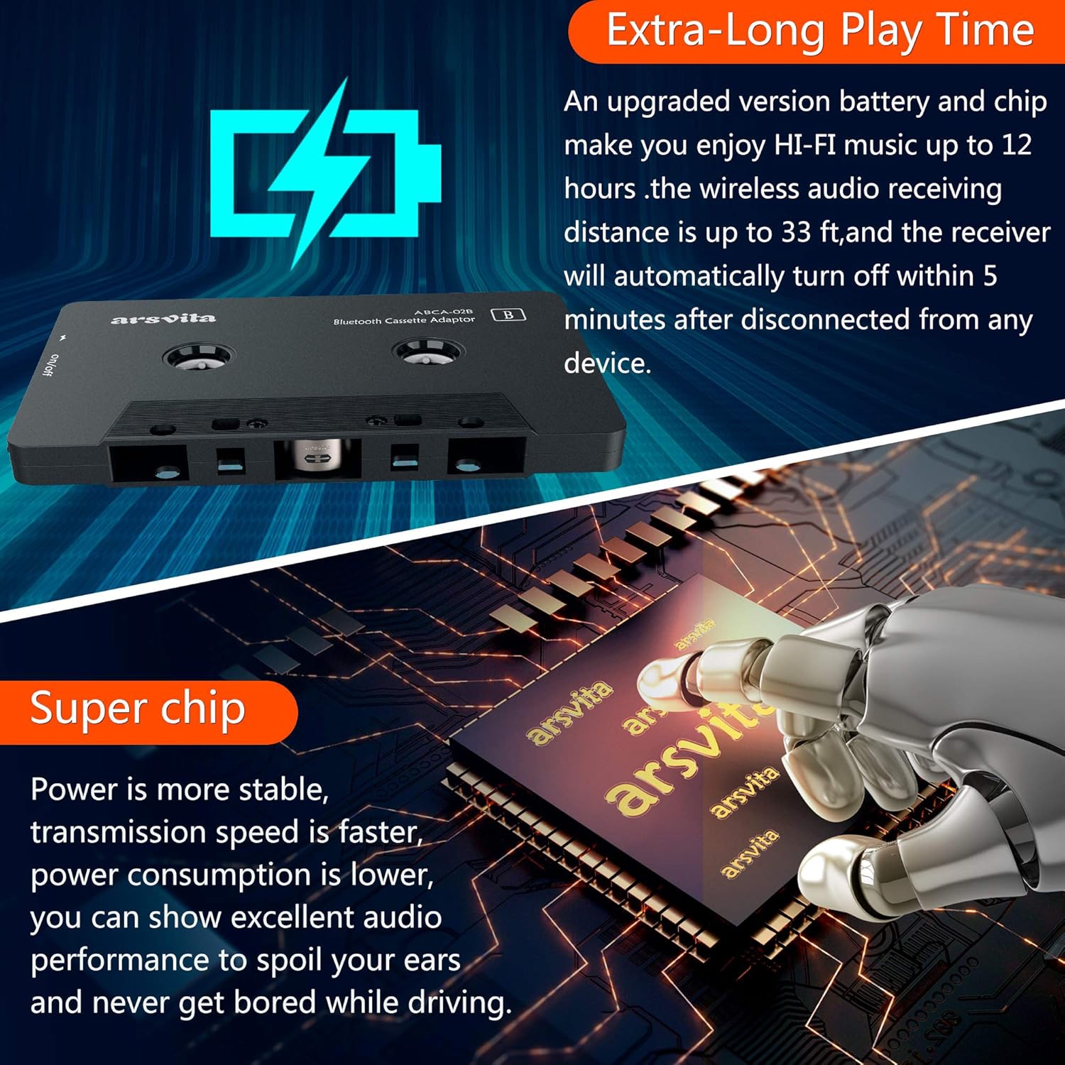 Arsvita - Car Audio Bluetooth Wireless Cassette Receiver, Tape Player Bluetooth 5.0 Cassette Aux Adapter