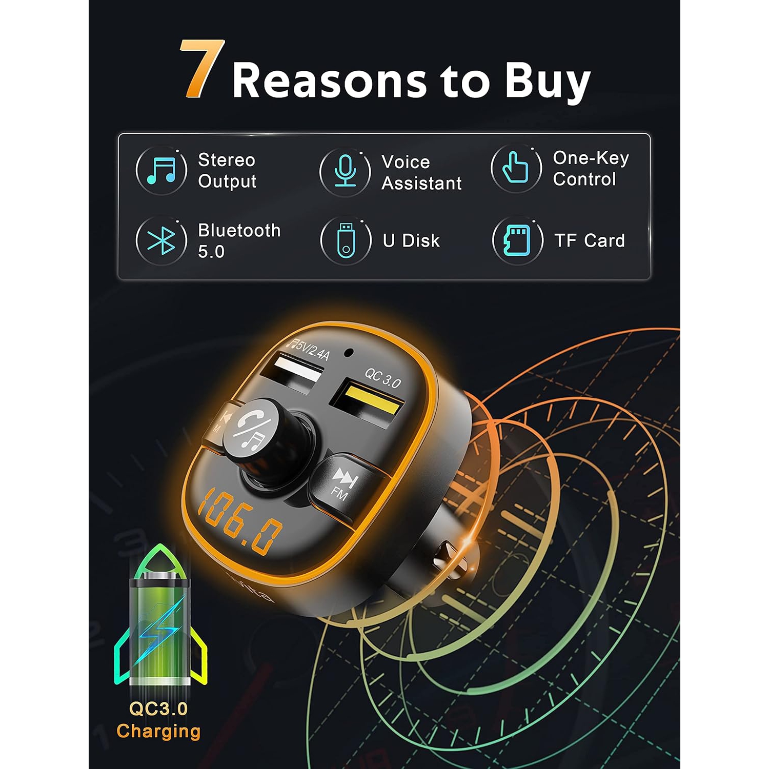 Arsvita - Bluetooth FM Transmitter for Car, Radio Receiver/Audio Adapter with Dual Car Charger, Support QC3.0 Quick Charging, Hands-Free Calling and