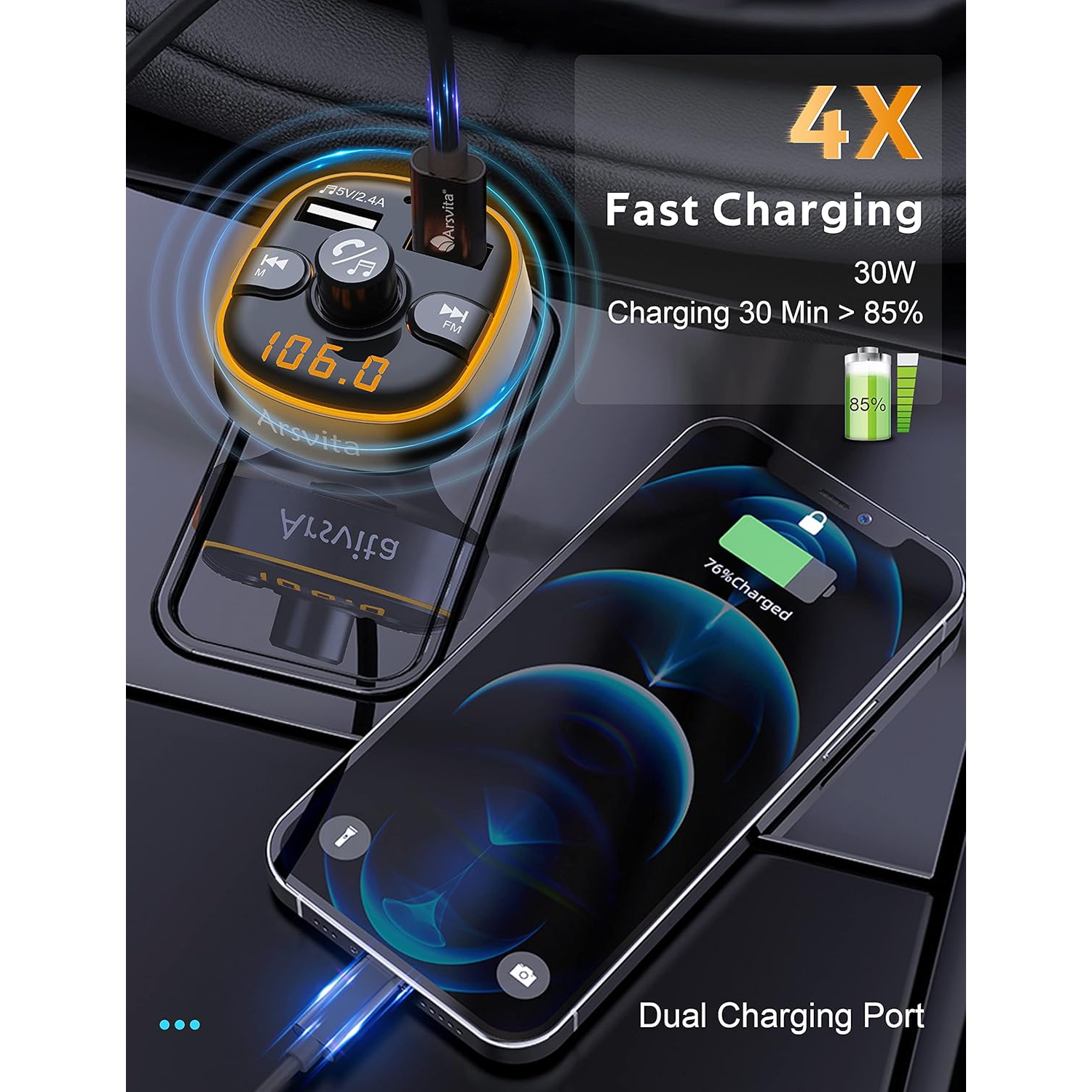 Arsvita - Bluetooth FM Transmitter for Car, Radio Receiver/Audio Adapter with Dual Car Charger, Support QC3.0 Quick Charging, Hands-Free Calling and