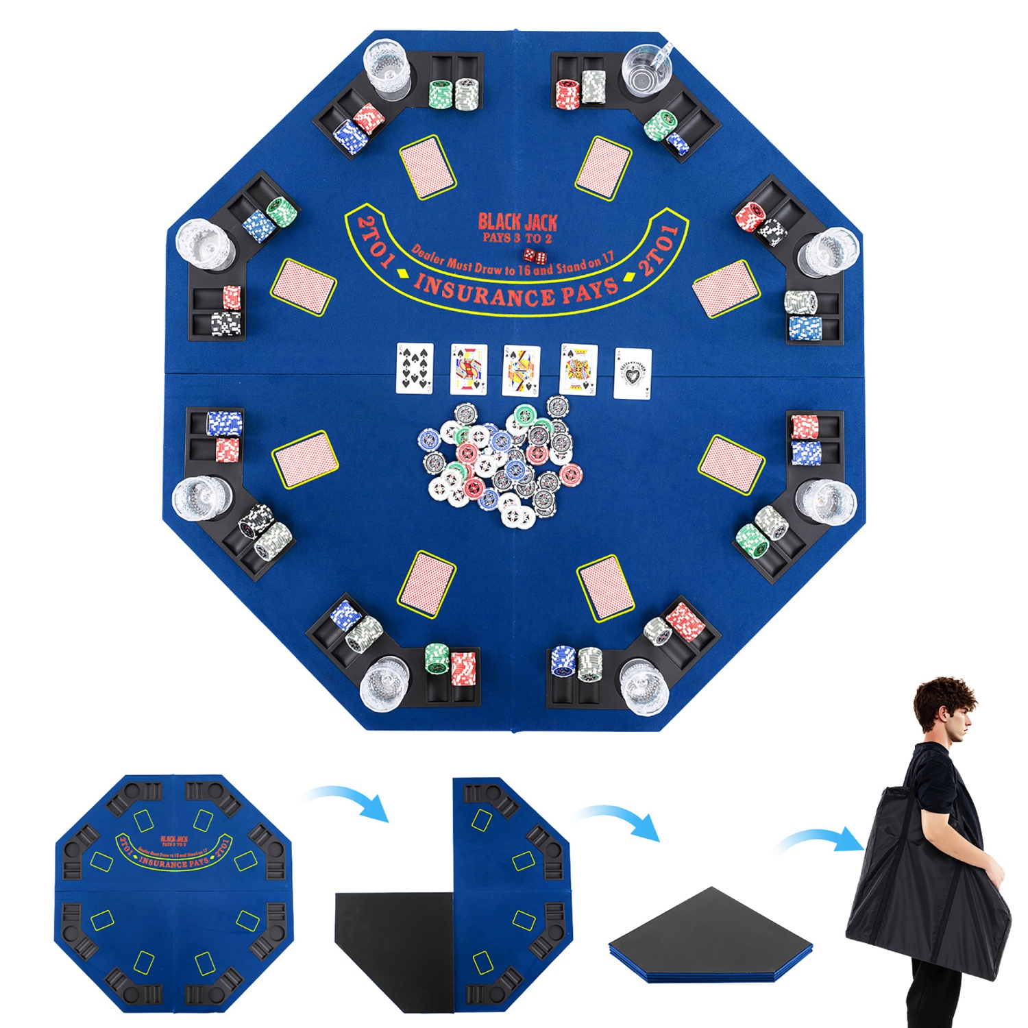 Gymax 8-Player Portable Poker Table Top w/Cup Holders & Chip Trays Carrying Bag Blue