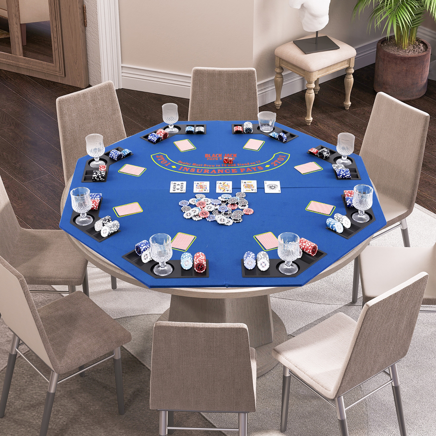 Gymax 8-Player Portable Poker Table Top w/Cup Holders & Chip Trays Carrying Bag Blue