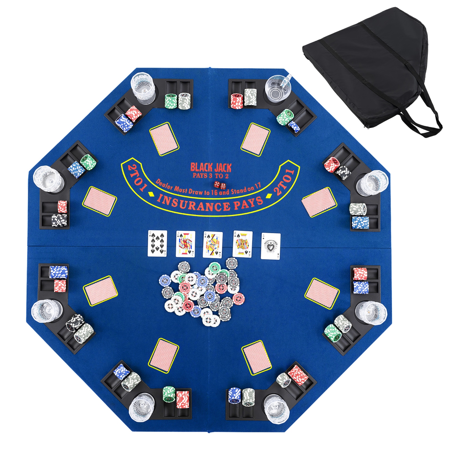 Gymax 8-Player Portable Poker Table Top w/Cup Holders & Chip Trays Carrying Bag Blue