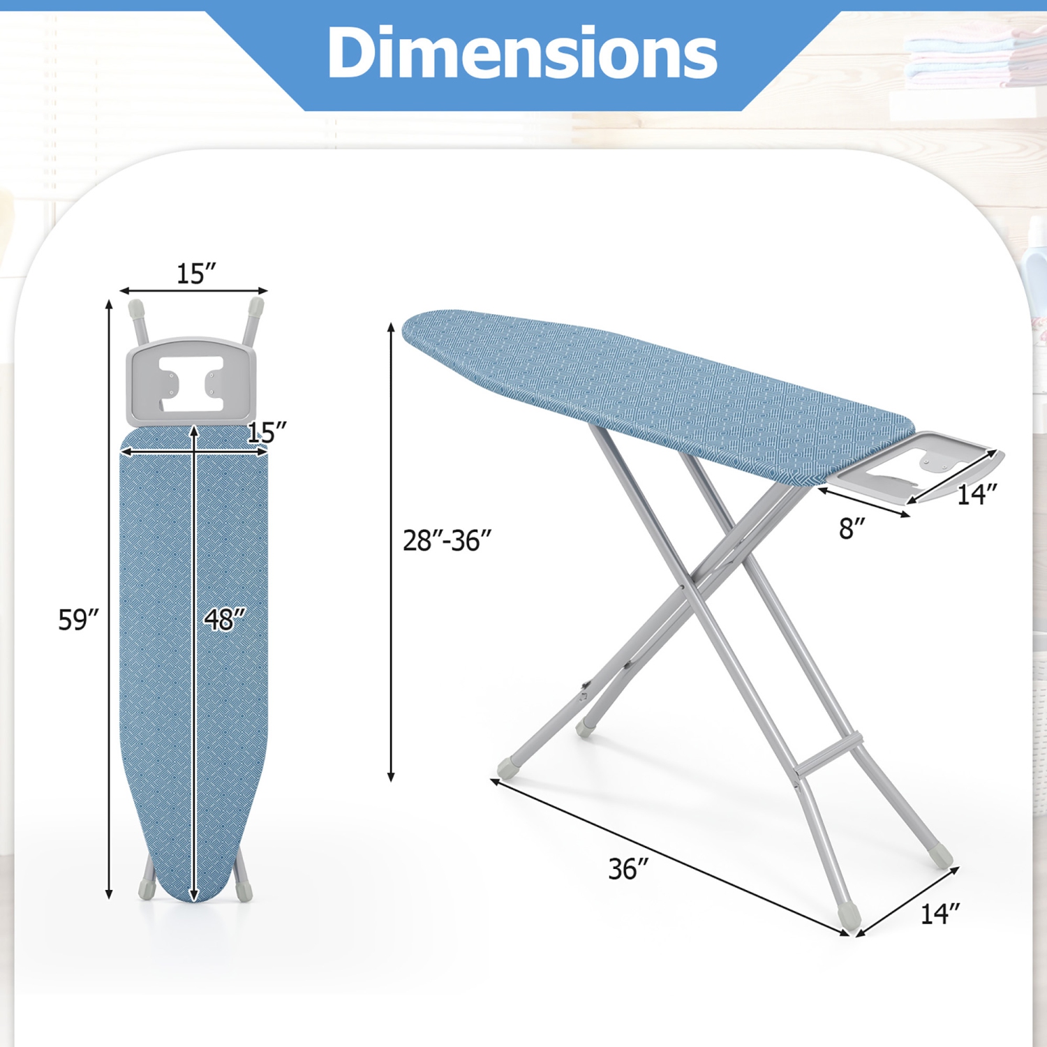 Gymax 57'' x 15'' Foldable Ironing Board w/ 7-Level Height Heat-resistant Ironing Cover blue