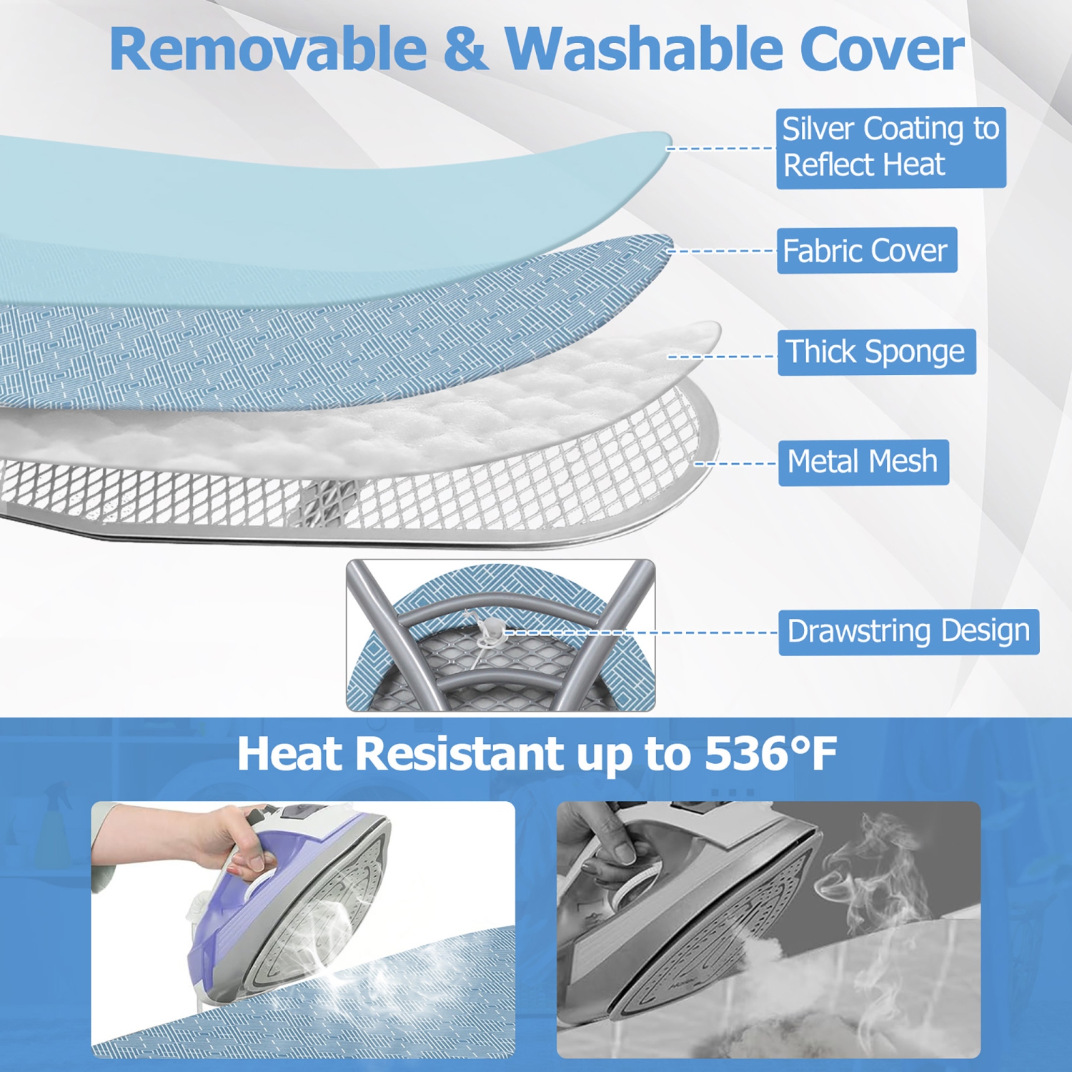 Gymax 57'' x 15'' Foldable Ironing Board w/ 7-Level Height Heat-resistant Ironing Cover blue