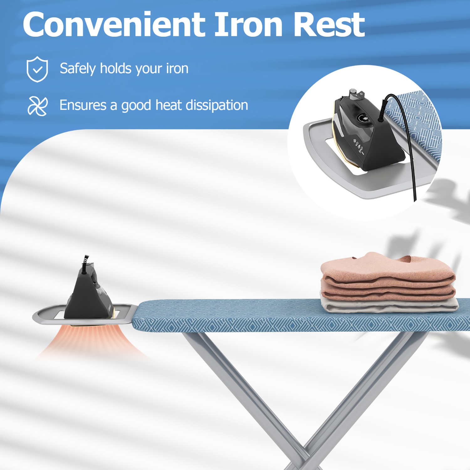 Gymax 57'' x 15'' Foldable Ironing Board w/ 7-Level Height Heat-resistant Ironing Cover blue