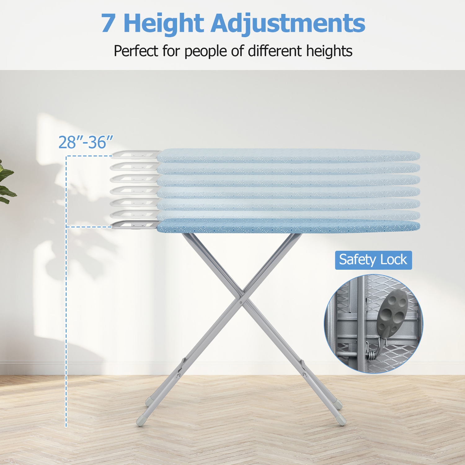 Gymax 57'' x 15'' Foldable Ironing Board w/ 7-Level Height Heat-resistant Ironing Cover blue