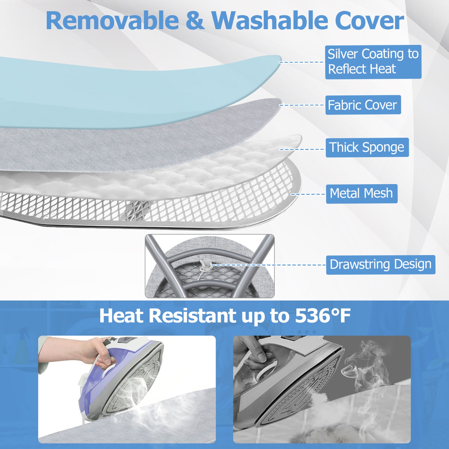 Gymax 57'' x 15'' Foldable Ironing Board w/ 7-Level Height Heat-resistant Ironing Cover gray