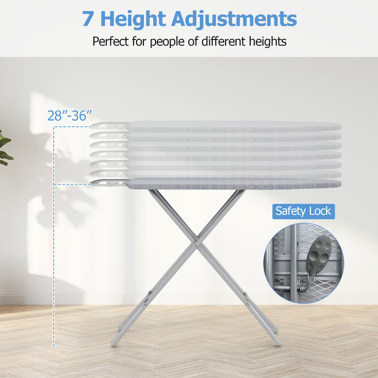 Gymax 57'' x 15'' Foldable Ironing Board w/ 7-Level Height Heat-resistant Ironing Cover gray