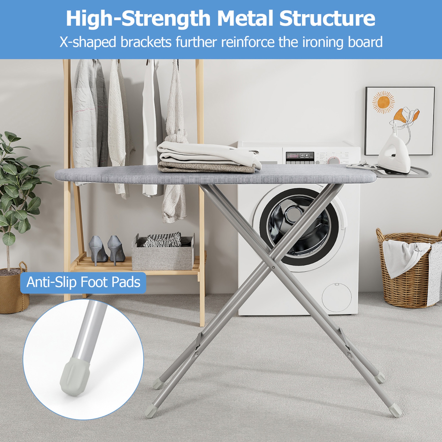 Gymax 57'' x 15'' Foldable Ironing Board w/ 7-Level Height Heat-resistant Ironing Cover gray