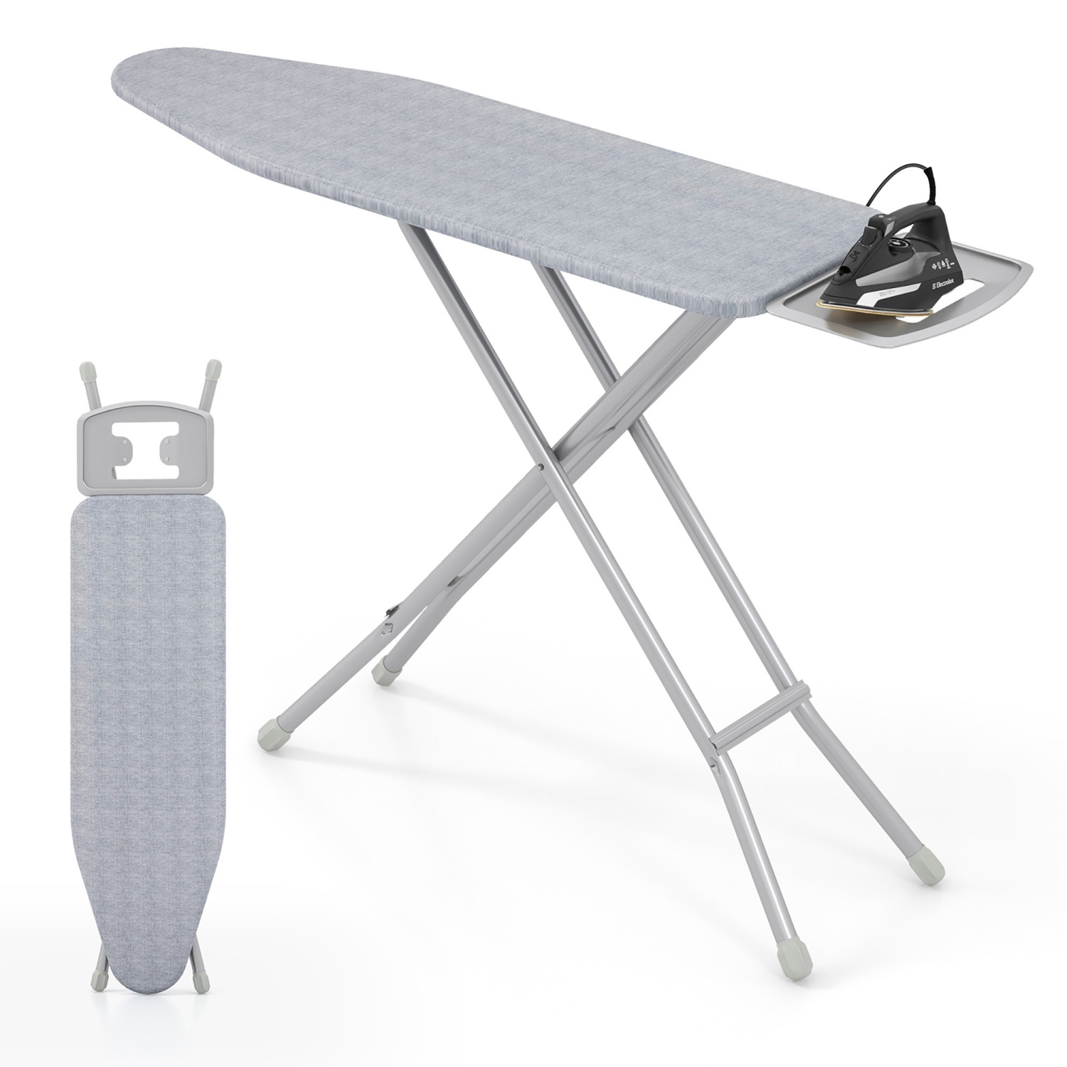 Gymax 57'' x 15'' Foldable Ironing Board w/ 7-Level Height Heat-resistant Ironing Cover gray