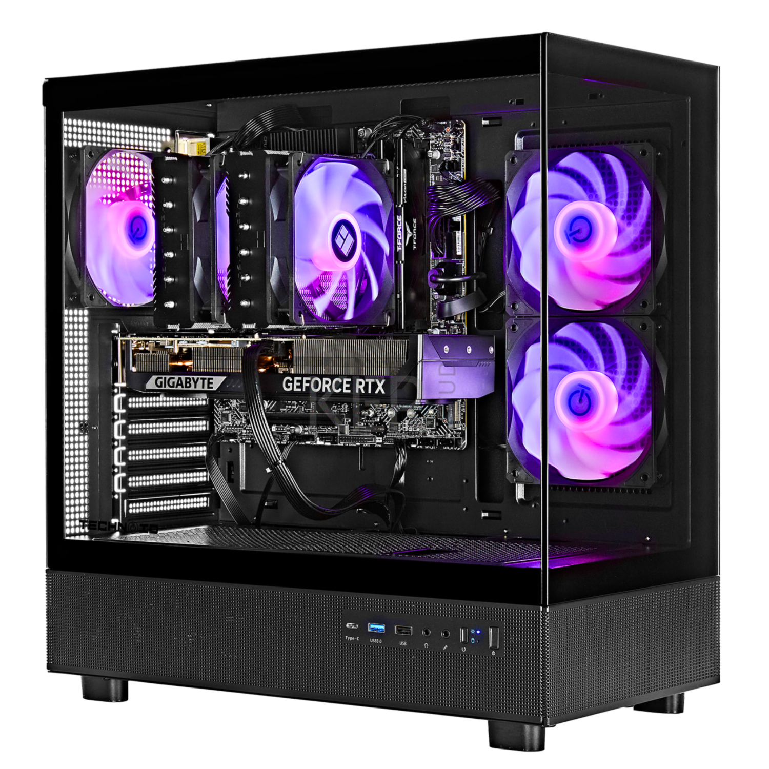 TECHNOID Glass Black Gaming PC – GeForce RTX 5080 – AMD Ryzen 7 7700 – 32GB DDR5 – 1TB SSD – AI Ready – VR Compatible – Win 11 Home