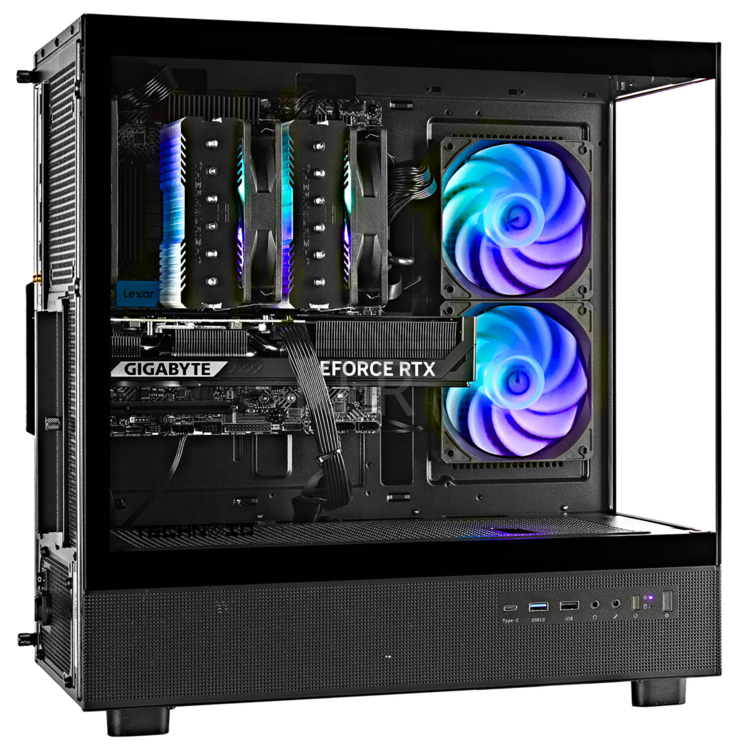 TECHNOID Glass Black Gaming PC – GeForce RTX 5080 – AMD Ryzen 7 7700 – 32GB DDR5 – 1TB SSD – AI Ready – VR Compatible – Win 11 Home