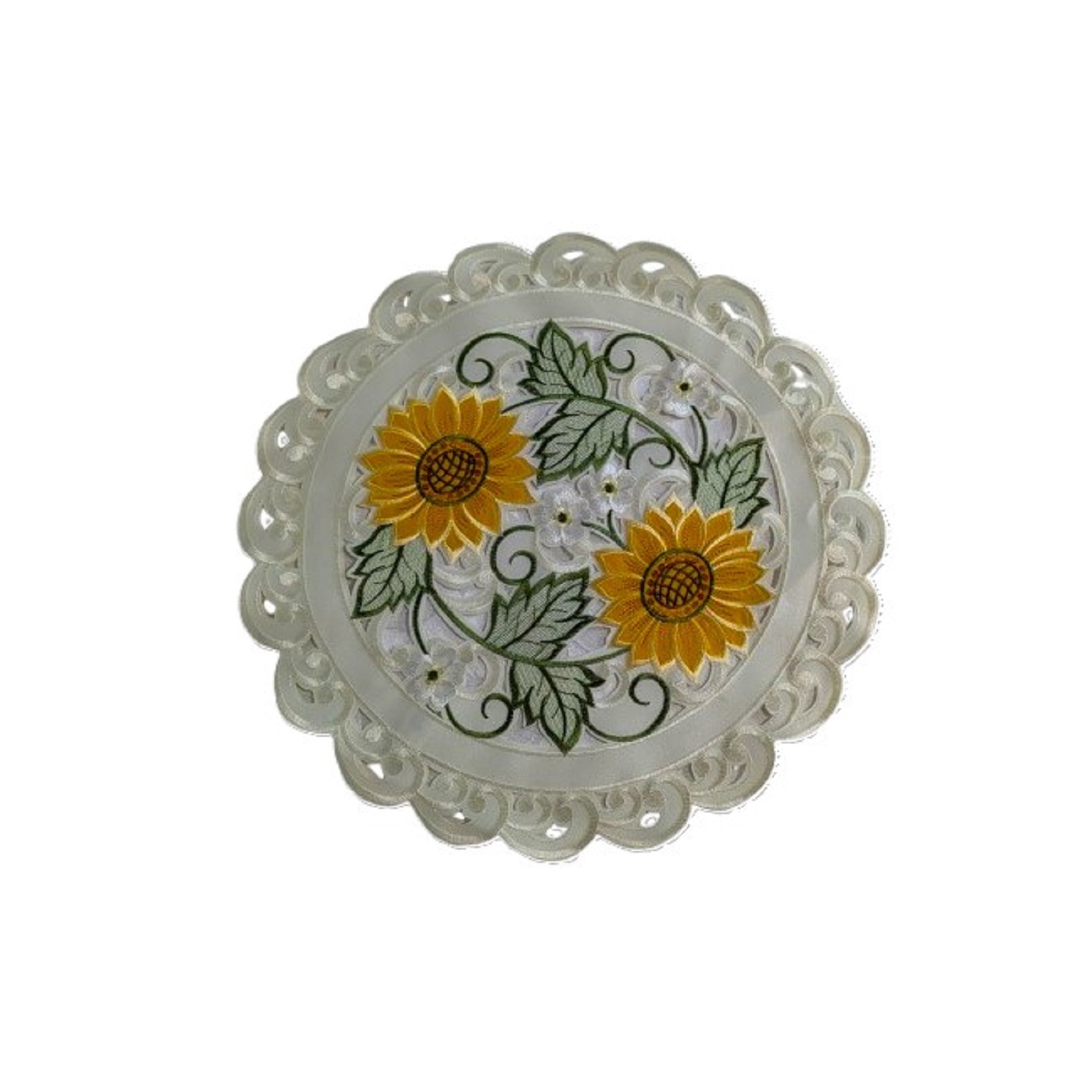 Sunflower Embroidered Cutwork Round Placemat, 15-Inch diameter Table Linen Decor, Water Resistance, Machine Wash safe