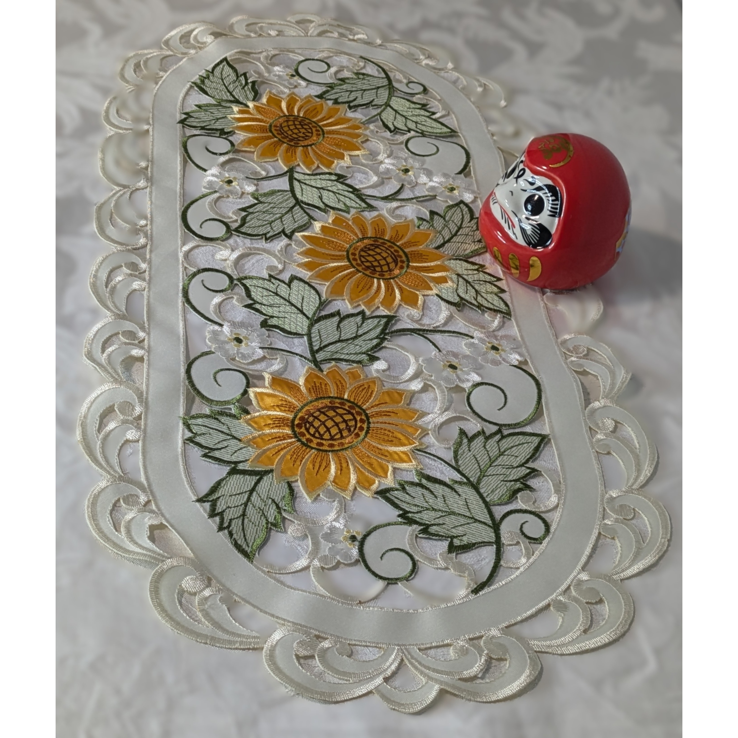 Sunflower Embroidered Cutwork Rectangular Table Runner, 13x26 inch Table Linen Decor, Water Resistance, Machine Wash safe