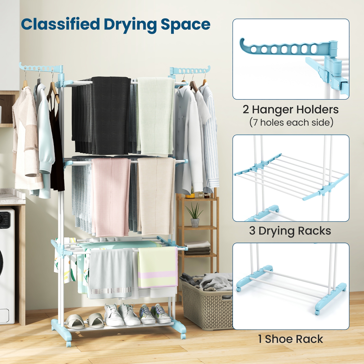 Gymax 3-tier Folding Clothes Drying Rack w/ Rotatable Side Wings & Collapsible Shelves