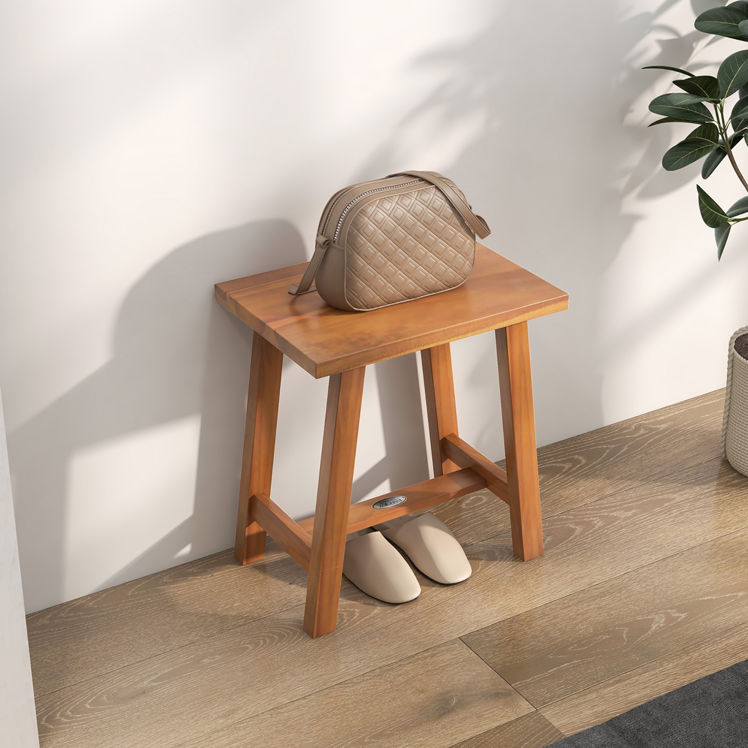 Gymax Teak Shower Bench Bathroom Shower Stool for Shaving Legs & Spa Bath Natural