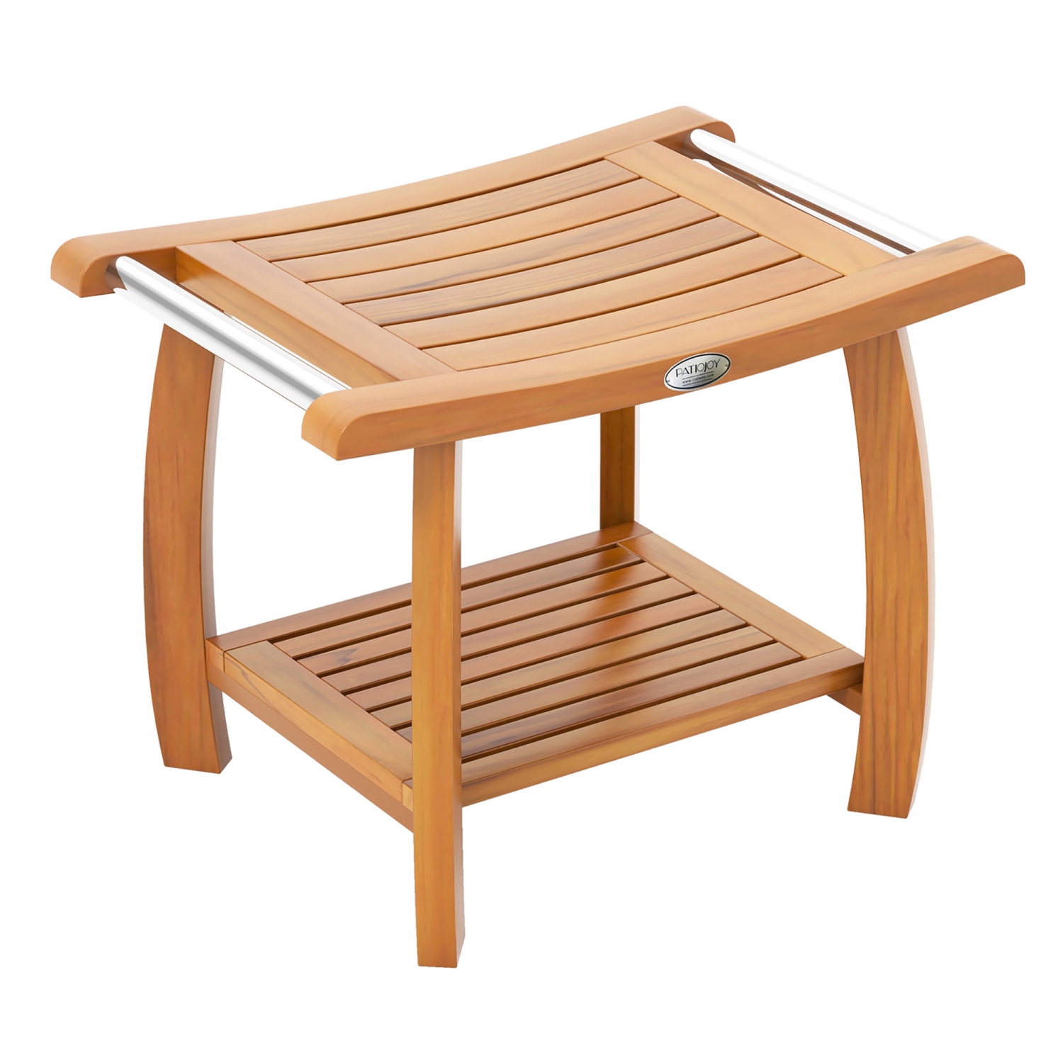 Gymax Teak Wood Shower Bench 2-Tier Wooden Shower Stool w/ Curved Seat Handles Small